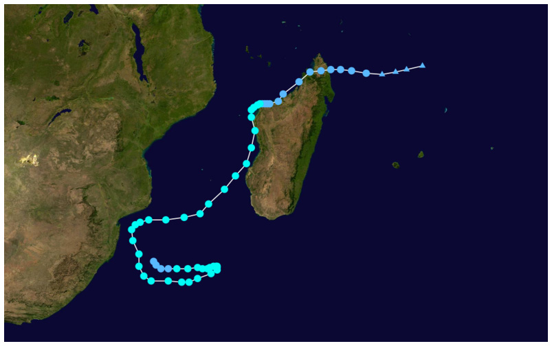 Cyclone Irina's path through the southern Indian ocean